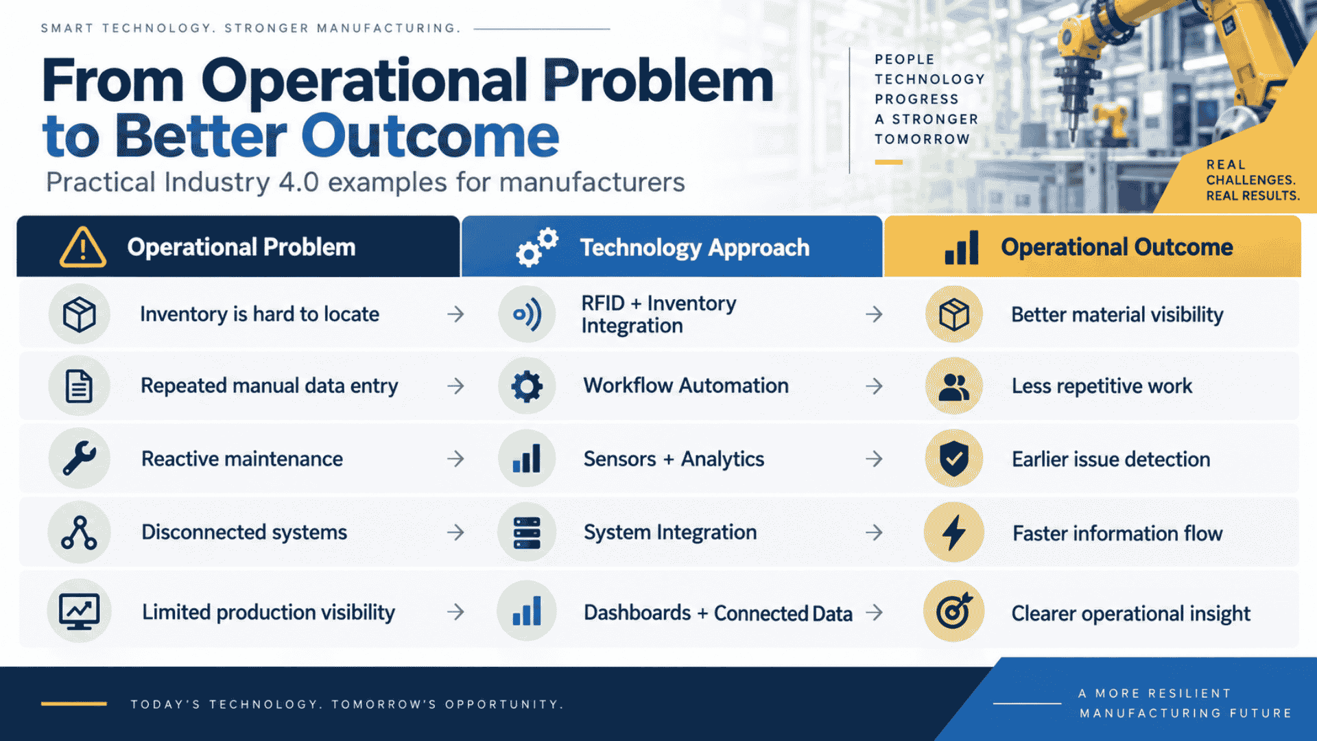 Industry 4.0 manufacturing examples showing problems, technologies and operational outcomes